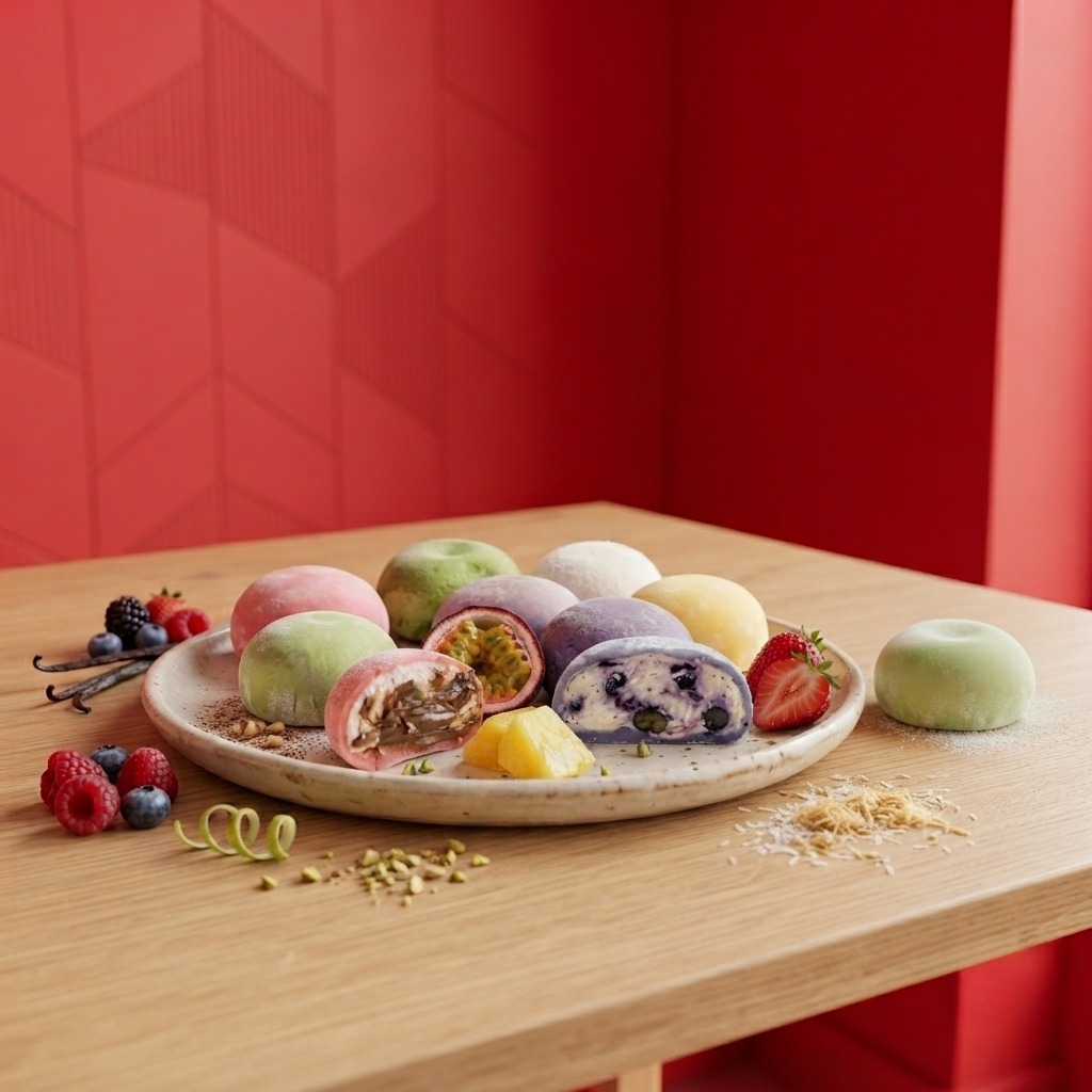 Selección de mochis Risky sobre plato de cerámica